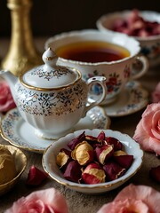 Fototapeta premium Arabian tea served with dried rose petals in fine china.