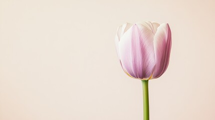 A single soft lavender tulip against a light beige background, close-up shot, Minimalist style