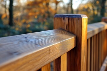 Detailed Close-up of Weathered Wood Deck Rail with Autumn Foliage Backdrop