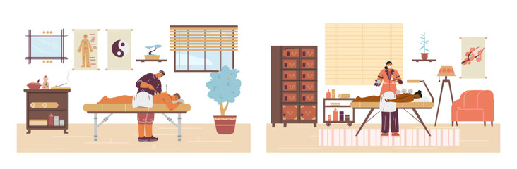 A set of vector illustrations with a vacuum massage procedure with jars and acupuncture