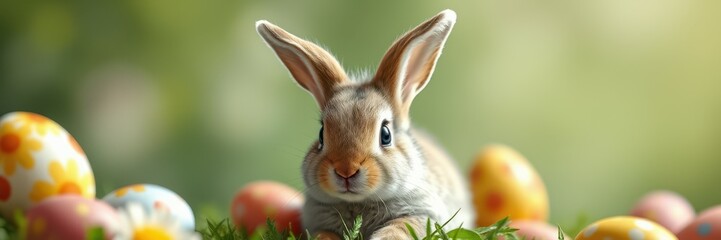 Cute rabbit surrounded by colorful Easter eggs in a grassy setting during springtime