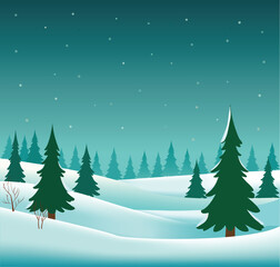 Obraz premium Winter snow landscape with pine trees vector illustration 
