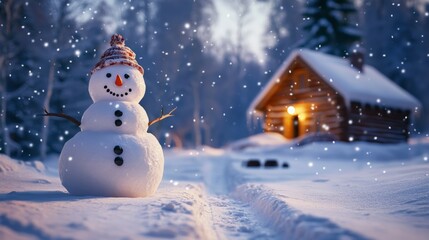 Obraz premium A cheerful snowman stands in the snow near a cozy cabin. Soft snowflakes fall gently, creating a magical winter scene.