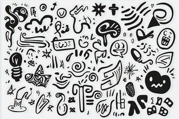 Abstract black and white doodle art with various symbols and shapes
