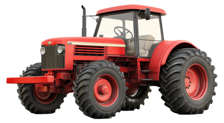 Red agricultural tractor parked in a field during a sunny day