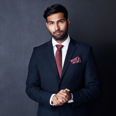 Portrait, businessman and pride for style with fashion, formal clothes and career on gray...