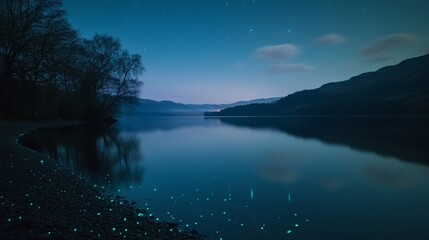 Serene Lake at Twilight: A Reflection of Stars and Calm Waters