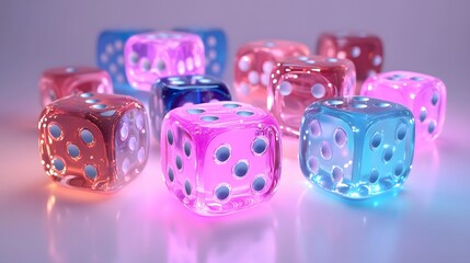 Colorful translucent dice scattered on a reflective surface.