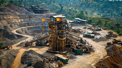 Cobalt extraction in Congolese mine with workers engaged in mining activities under tropical surroundings