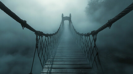 Fototapeta premium Misty suspension bridge engulfed in foggy atmosphere