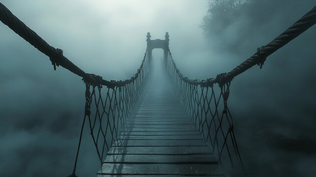 Misty suspension bridge engulfed in foggy atmosphere
