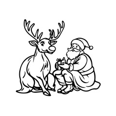 Obraz premium Animals outline vector, Deer line art illustration Deer with santa clause , coloring page, drawing