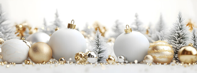 Fototapeta premium Christmas white and gold baubles and decorations. Holidays background. 3d render illustration.