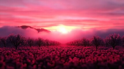 Obraz premium Sunrise over a vast cherry blossom orchard, soft light filtering through the petals, creating a dreamy and ethereal atmosphere