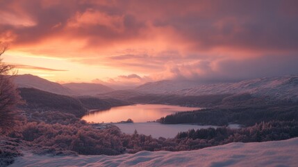 Naklejka premium Serene Sunset Over the Lake: A Beautiful Winter Landscape Captured in Stunning Hues