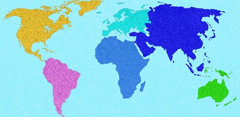 stylized, colorful world map featuring glittery continents and light blue oceans, ideal for geographic concepts