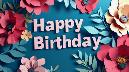 Colorful floral happy birthday greeting with bold papercut flowers