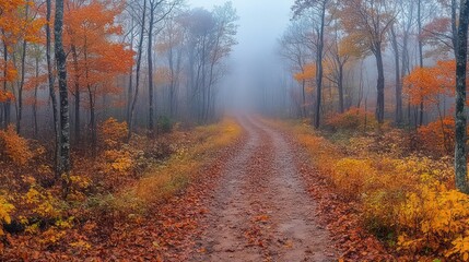 Fototapeta premium Misty autumn road through colorful forest.