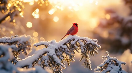 A vibrant red cardinal perched on a snowy branch, illuminated by warm sunlight in a beautiful winter landscape.
