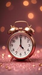 Celebrate the New Year with this elegant alarm clock against a sparkling backdrop, perfect for party invitations, greeting cards, or festive promotions.