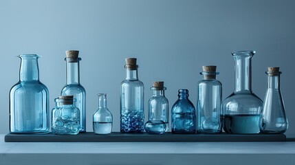 Elegant display of various glass containers reflecting light and color on a delicate wooden surface. Generative AI