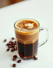 Perfectly brewed coffee served in a glass mug with coffee beans on the table