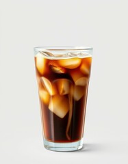Refreshing iced coffee served in a clear glass filled with ice cubes in a minimalistic setting