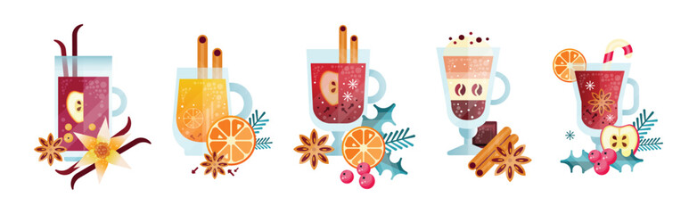 Hot Brewed Spicy Drink Poured in Glass Vector Set