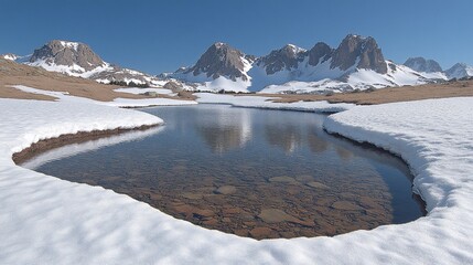 Obraz premium Crystal-clear alpine lake nestled in snow, reflecting majestic mountains under a vibrant blue sky.