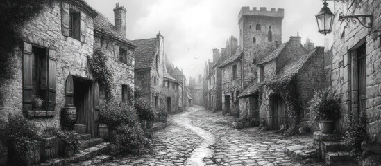 Obraz premium Cobblestone street in a historic, medieval-style village.