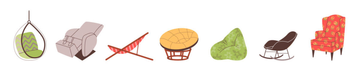 Relaxing chairs icons vector set, cartoon armchair, hanging or swing, massage lounge or beach chairs poof seat furniture