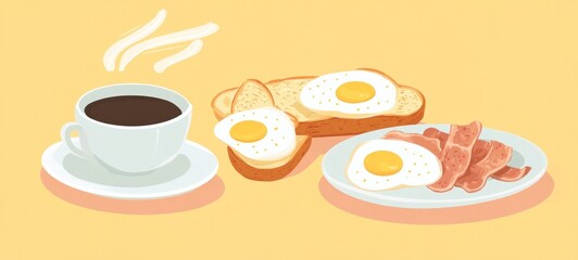 A Delicious and Hearty Breakfast:  Enjoy a delightful morning meal with fried eggs, crispy bacon, toasted bread, and a steaming cup of coffee. Perfect for starting your day!