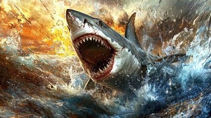 Massive great white shark leaps from the ocean during a vibrant sunset with dramatic water splashes