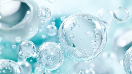 Fototapeta premium A close-up view of translucent bubbles floating in a light turquoise background, creating a sense of tranquility and freshness, This image is perfect for concepts related to cleanliness, water