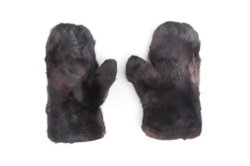 Winter fur warm  mittens isolated on a white background