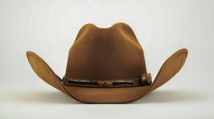 Brown cowboy hat with leather band and beaded details front view
