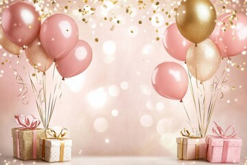 Wallpaper In Pink And Gold With Balloons, Presents, And Confetti, Copy Space, Birthday Party Invitation Concept