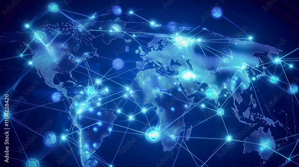 Poster global digital network: illuminated world map with cyber connections