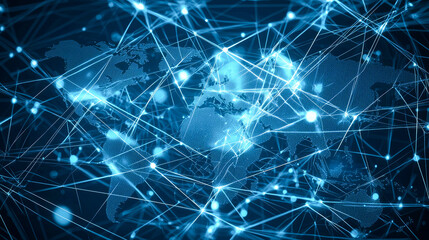 Global network connectivity: digital map with glowing connections and blue background
