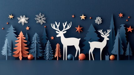 Paper cut-out style winter scene with deer, trees, snowflakes, and stars on a dark blue background, featuring orange and white accents.