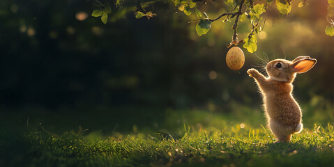 Cute Easter rabbit with decorated egg on a green spring landscape. For, banner, design, banner, poster, menu, print, poster, etsy, postcard, linkedin, presentation. 