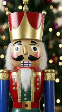 Colorful nutcracker displayed in front of a decorated Christmas tree with lights and ornaments