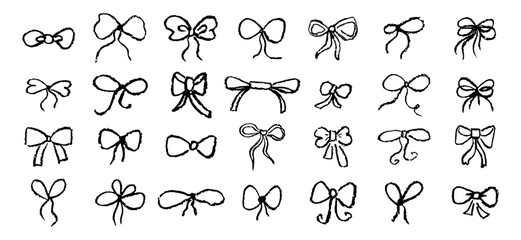 Set of bows drawn with pastel or charcoal pencil. Black chalk bow gift ribbon line simple element on white chalkboard background. Like kids drawn bows drawing collection. Vector illustration.