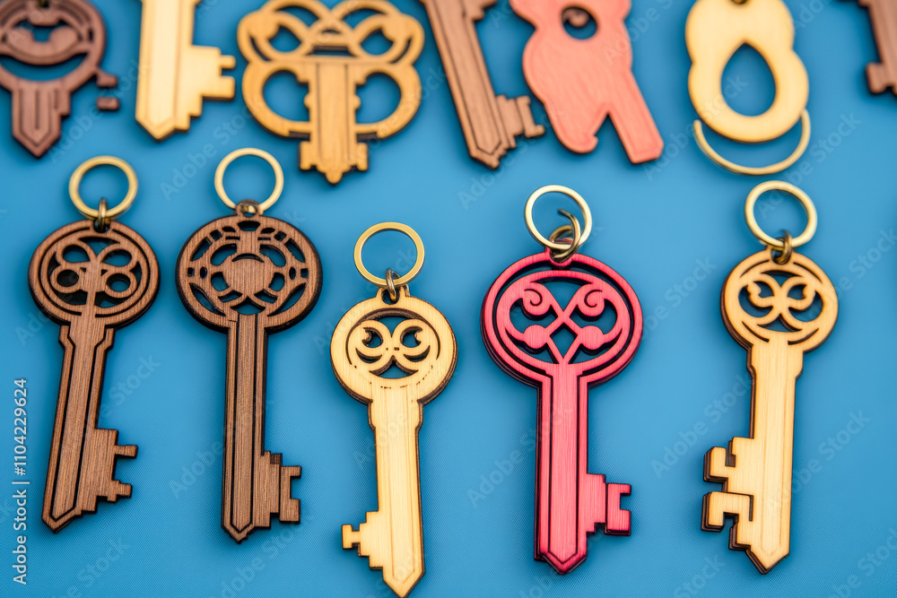 Poster colorful wooden keys on blue background display intricate designs and patterns