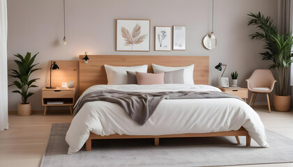 Cozy bedroom with big bed and workplace with laptop