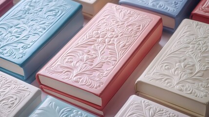 Fototapeta premium A row of books with floral designs on the covers
