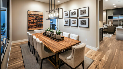 Contemporary dining room featuring a wooden table surrounded by stylish upholstered chairs