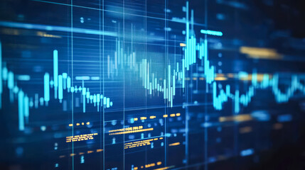 Dynamic financial data display with blue abstract graphs and digital interface
