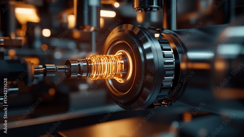 Poster high-tech spectrometer examines steel sample in advanced laboratory environment with focused scienti
