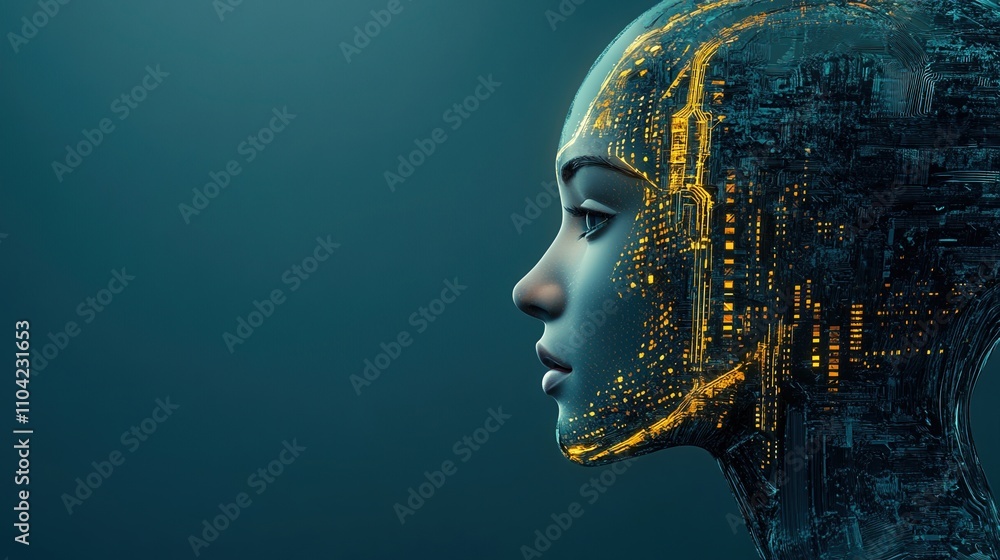 Poster exploring the intersection of technology and humanity through a futuristic artificial intelligence r
